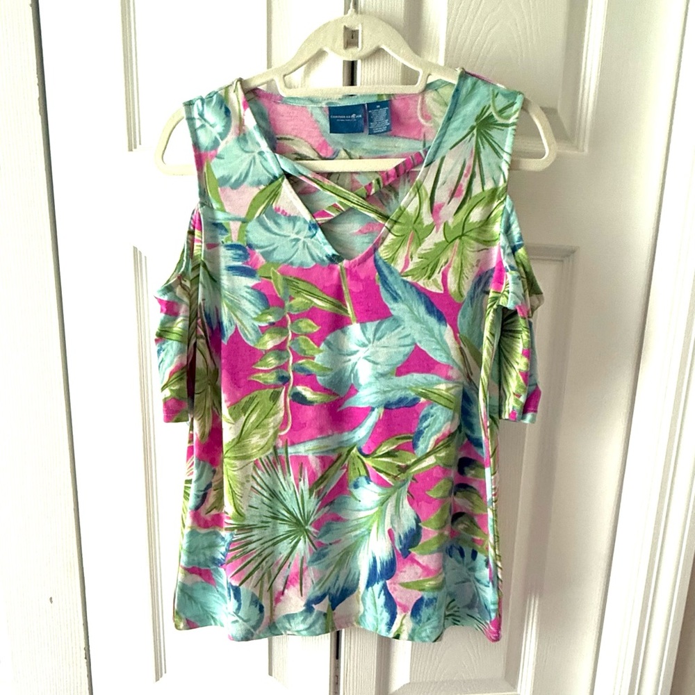 Caribbean Joe Pink and Green Cold Shoulder Top, Size Medium